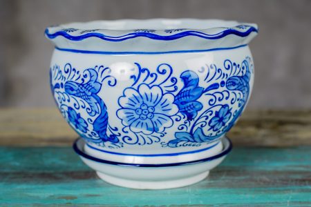 Macetero con plato, borde Irregular, linea azul - A- 20 diam x 12 alto