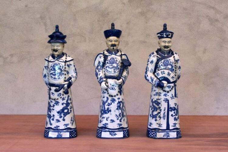 Trio Dinastía china azul y blanco