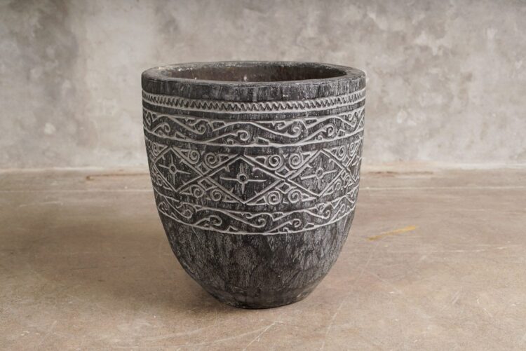 Vasija/maceta de tronco de palma tallado gris - Imagen 6