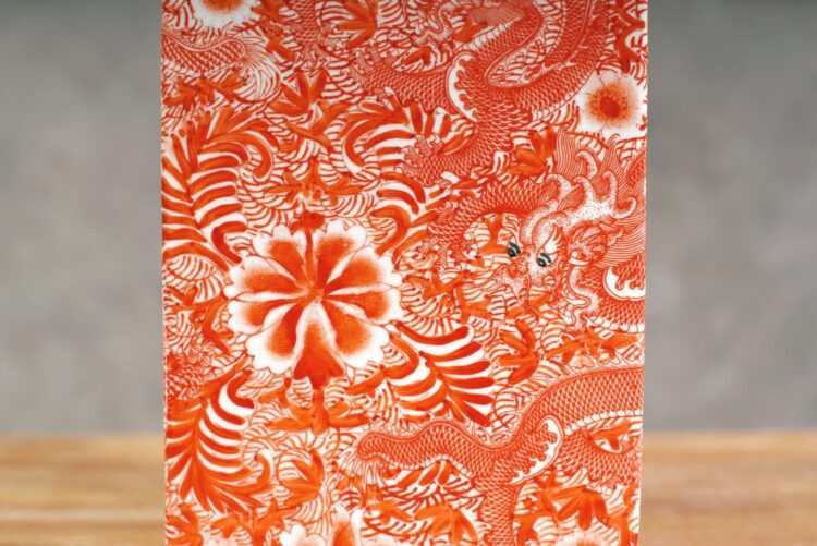 Jarrón chino rectangular diseños naranjo y blanco - Imagen 2