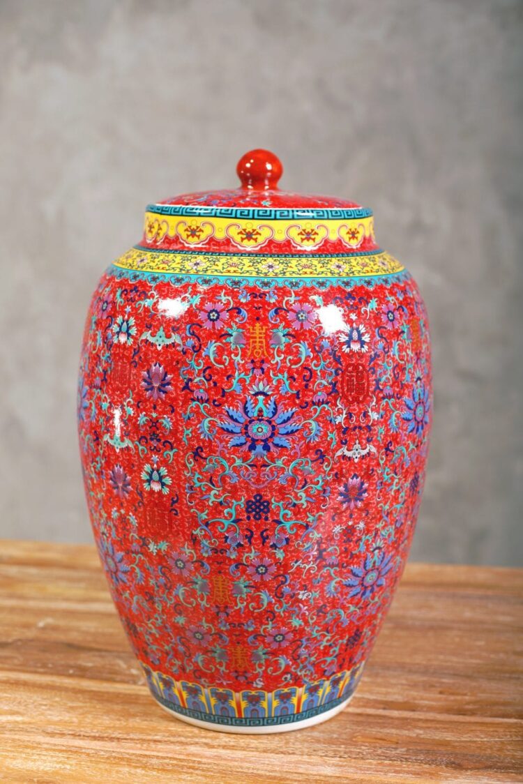 Jarrón chino con tapa rojo y diseños de colores - Imagen 6