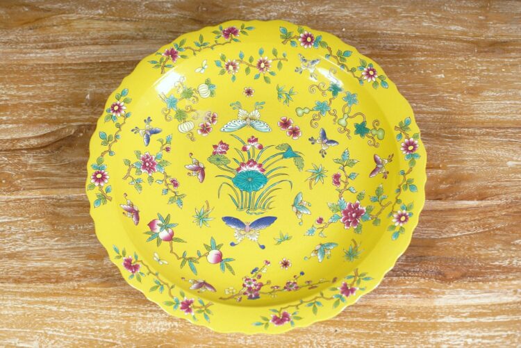 Plato Porcelana Chino Amarillo con Flores - Imagen 2