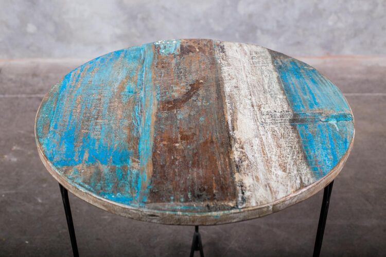 Mesa auxiliar fierro y madera redonda patas curvas - Imagen 3