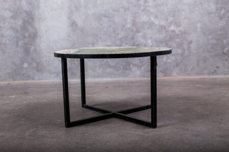 Mesa auxiliar fierro y madera redonda grande
