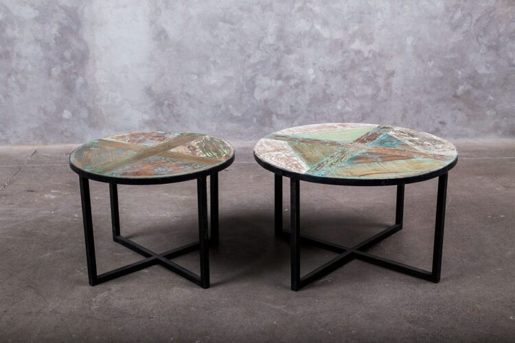 Mesa auxiliar fierro y madera redonda grande - Imagen 6