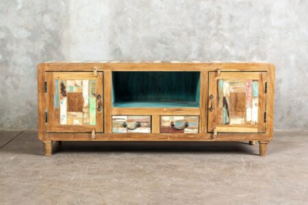Rack TV maderas recicladas puertas y cajones