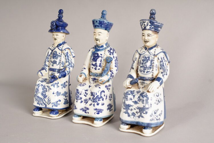 Trio Dinastía China azul y blanco 31 cm alto - Imagen 2