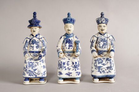 Trio Dinastía China azul y blanco 31 cm alto