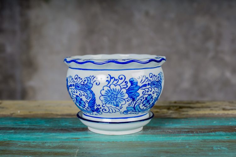 Macetero con plato, borde Irregular, linea azul - Imagen 4