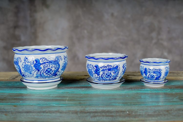 Macetero con plato, borde Irregular, linea azul
